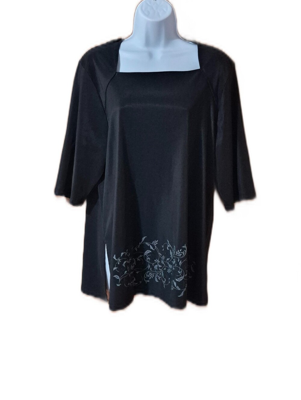 Adrian Karen Black Square-Neck Floral Hem 3/4 Length Sleeves Womens Tunic EUC - Picture 2 of 5